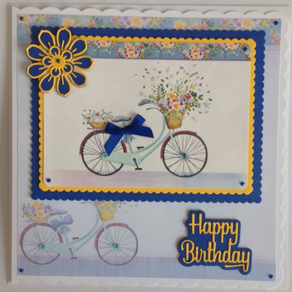 Handmade Card Birthday Bicycle with Basket of Flowers 3D Luxury Handmade Card