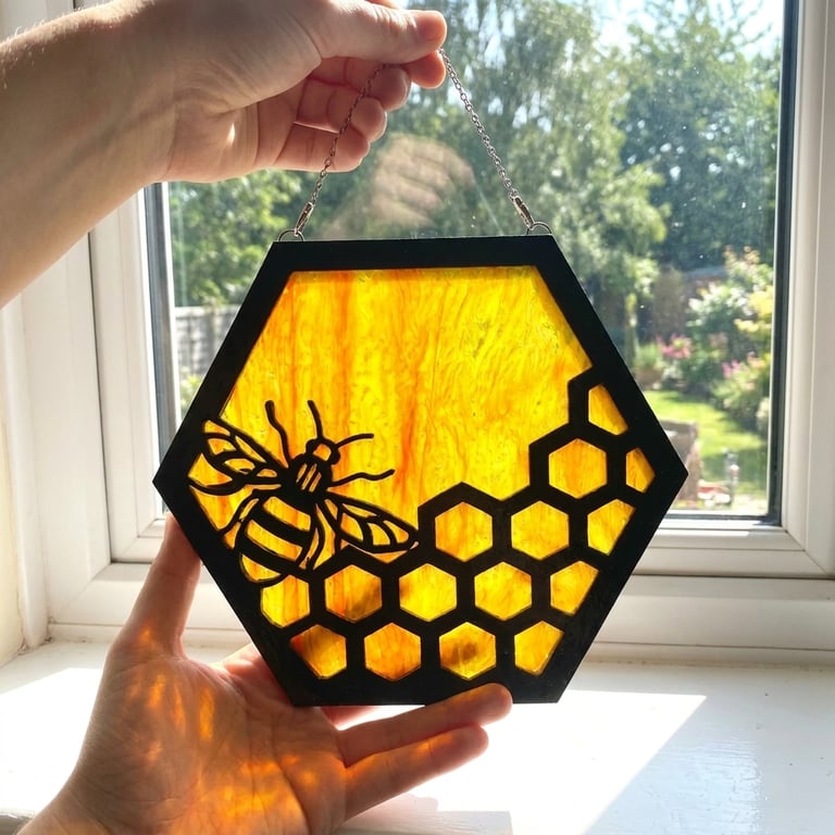 Stained Glass Honey Bee Suncatcher Hexagonal Design