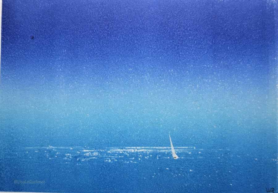 Minimalist mixed media art of a lone sail boat on a summer night