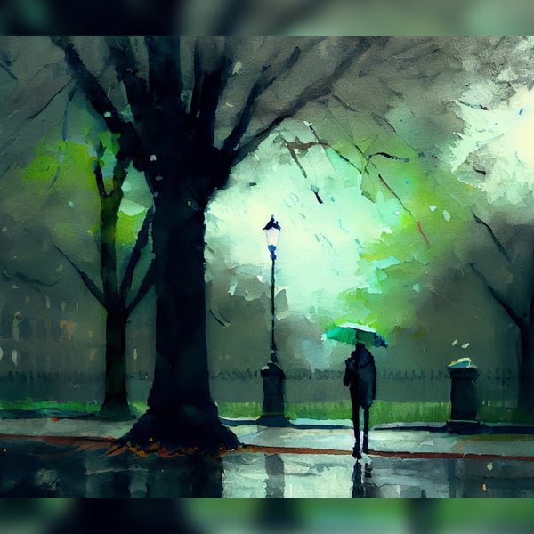 Man in Rain, Urban Street Scene, Watercolor Painting Print 5"x7"