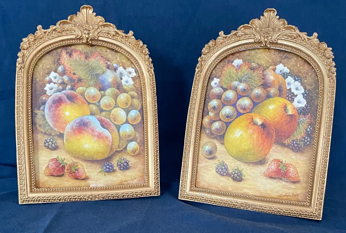 Worcester Fruit . Pair of framed original watercolours by Christopher Hughes 