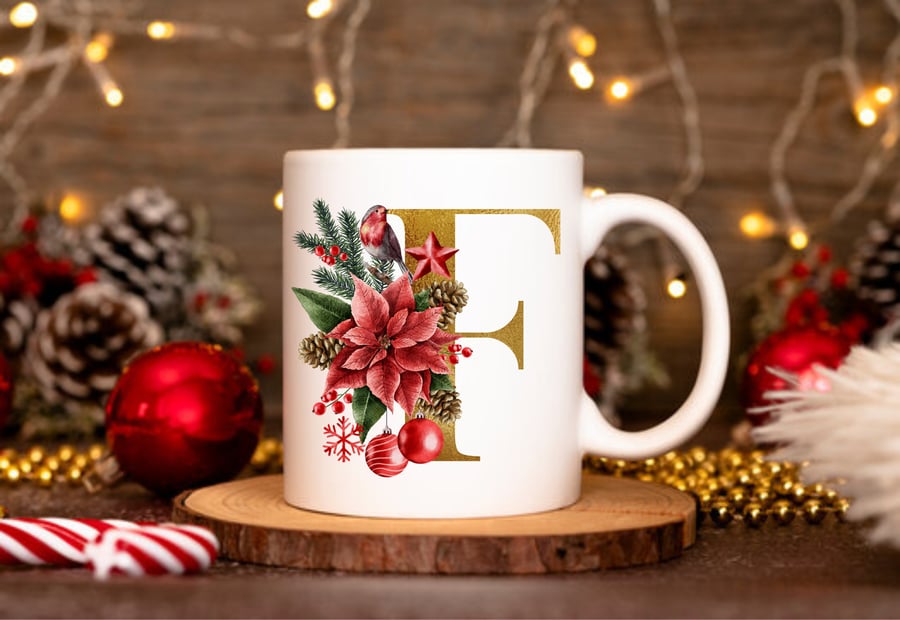 Christmas mug, winter foliage poinsettia wreath, personalised gold initials