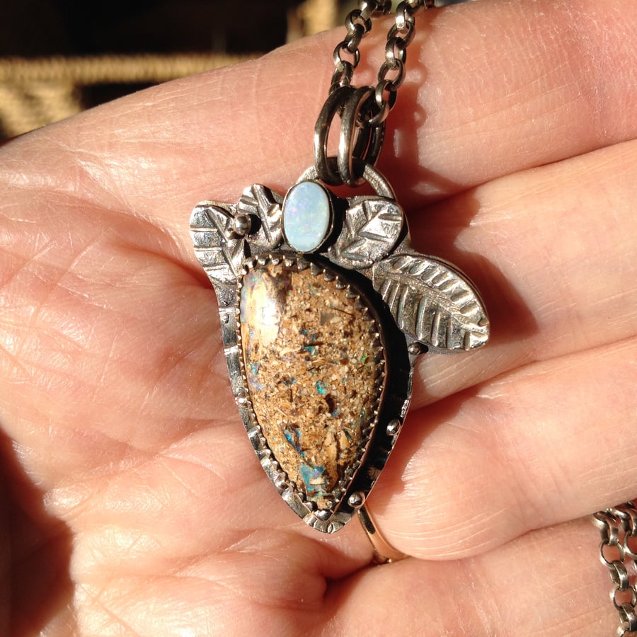 Boulder Opal and Silver pendant - blue