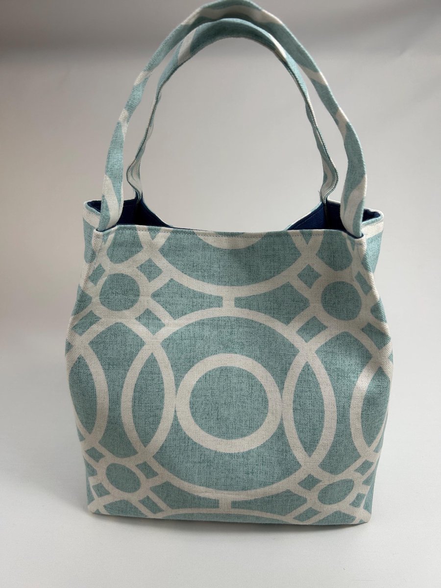 Teal Cotton Tote Bag, Retro Geometric Print, Modern Handbag