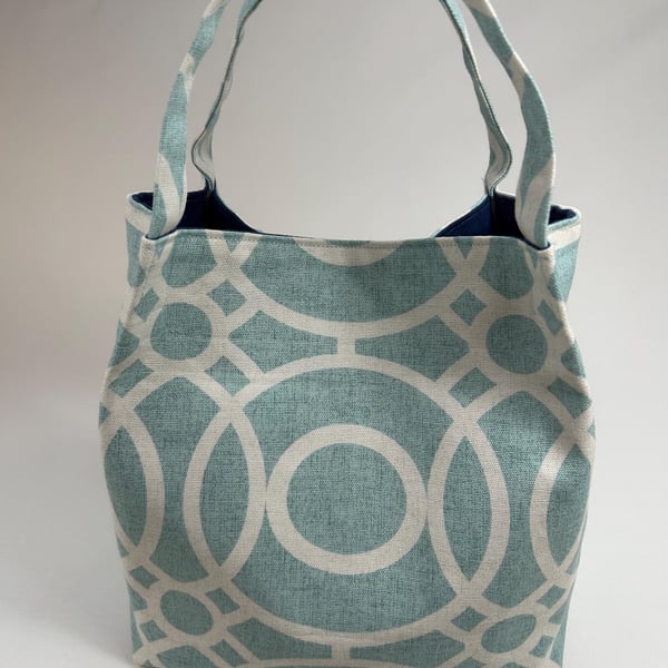 Teal Cotton Tote Bag, Retro Geometric Print, Modern Handbag