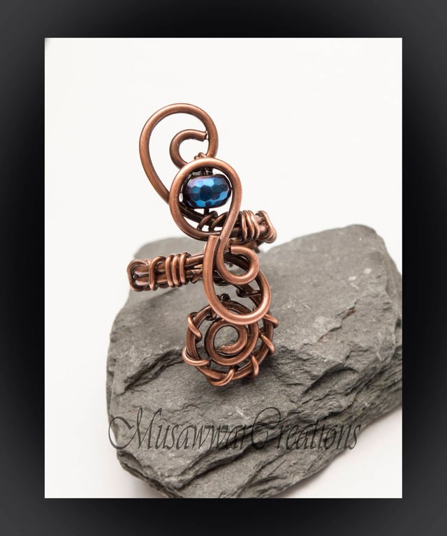 Blue Coated Haematite Wire wrapped Antique copper ring ,Adjustable copper ring, 