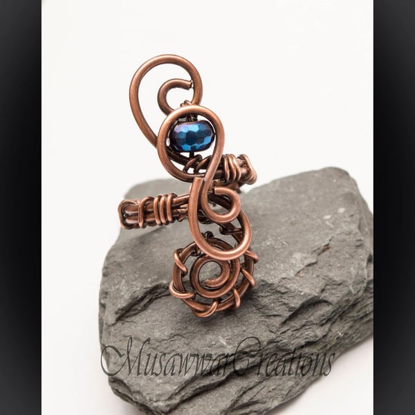 Blue Coated Haematite Wire wrapped Antique copper ring ,Adjustable copper ring, 