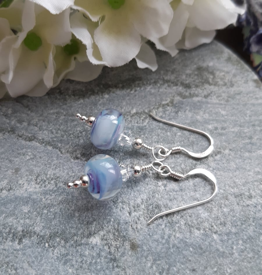 Sterling Silver Handmade Lilac Glass and Crystal Earrings