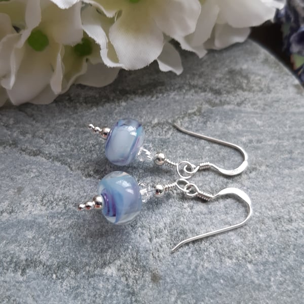 Sterling Silver Handmade Lilac Glass and Crystal Earrings