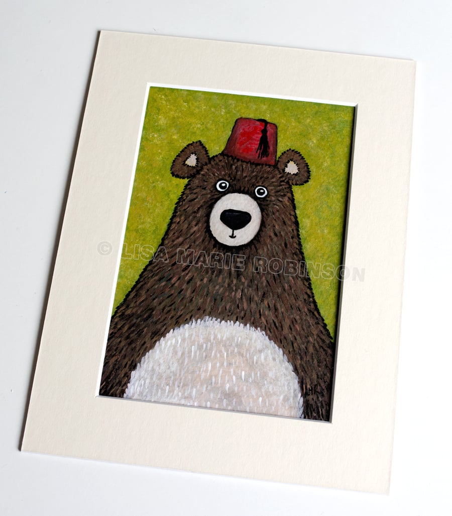Barnabas the Fez wearing Bear - 6 x 4 inch painting