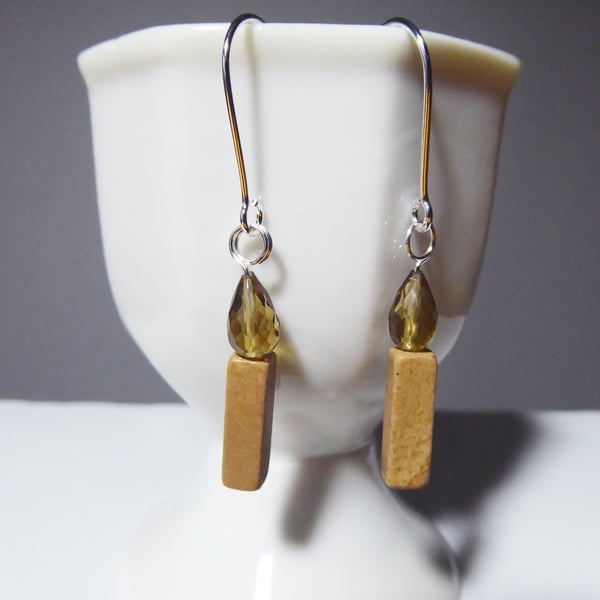 Sterling Silver Earrings with Picture Jasper Candle & Faceted Honey Quartz Flame