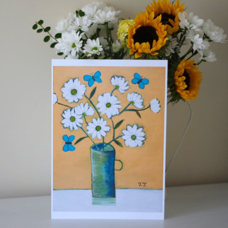 One Off Floral Art Print After Original Painting with Daisy and Butterflies