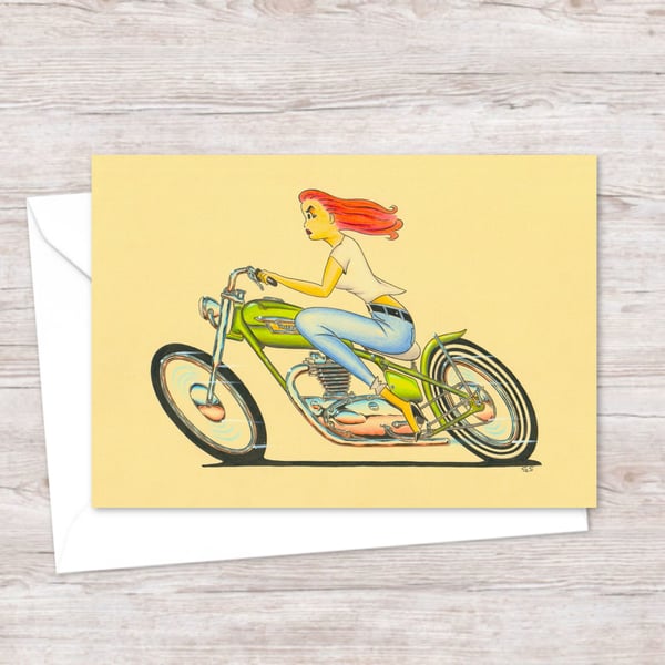 Biker Babe Greetings Card: Hand Drawn Pencil Illustration (306)