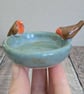 Ceramic ring dish with two mini blue tits, blue brown glaze