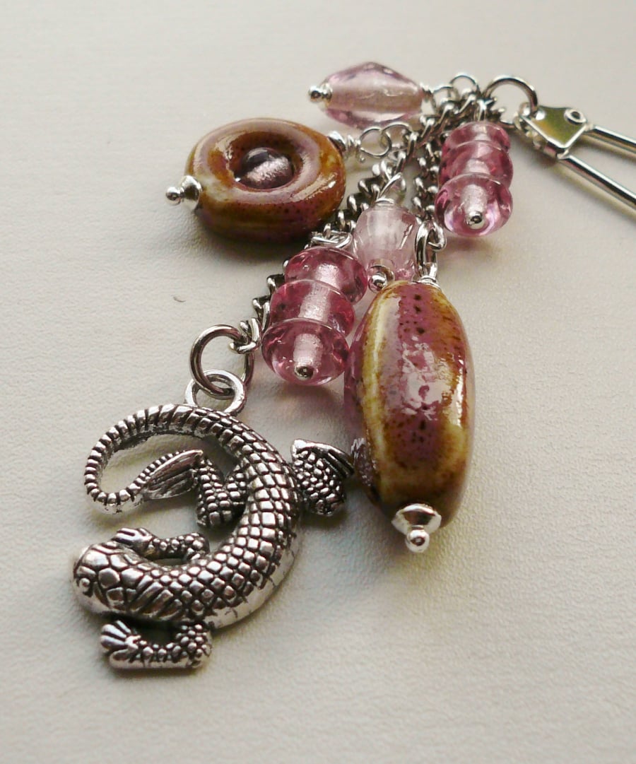 Handbag Charm Pink Ceramic and Glass Bead Silver Lizard Gecko Themed  KCJ1587