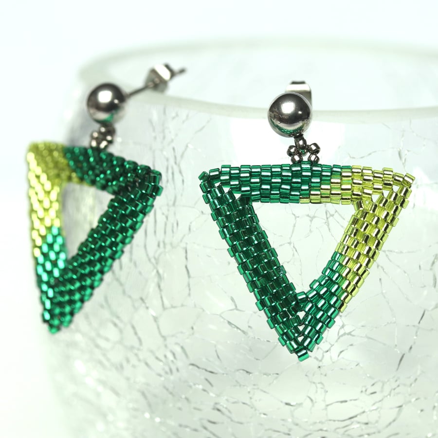 Two-tone Green Triangle Beaded Earrings