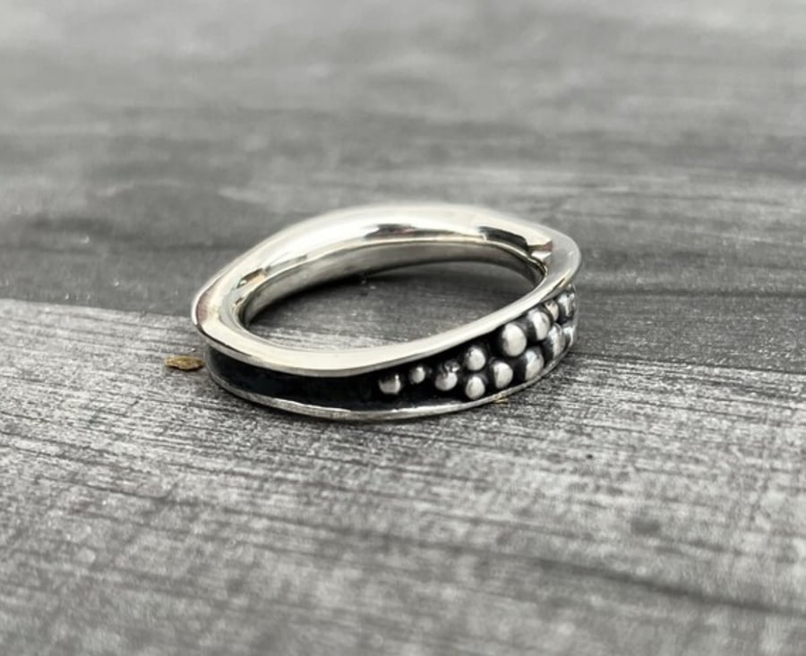 Silver bubble ring, freeform ring, oxidised ring, waterfall ring,
