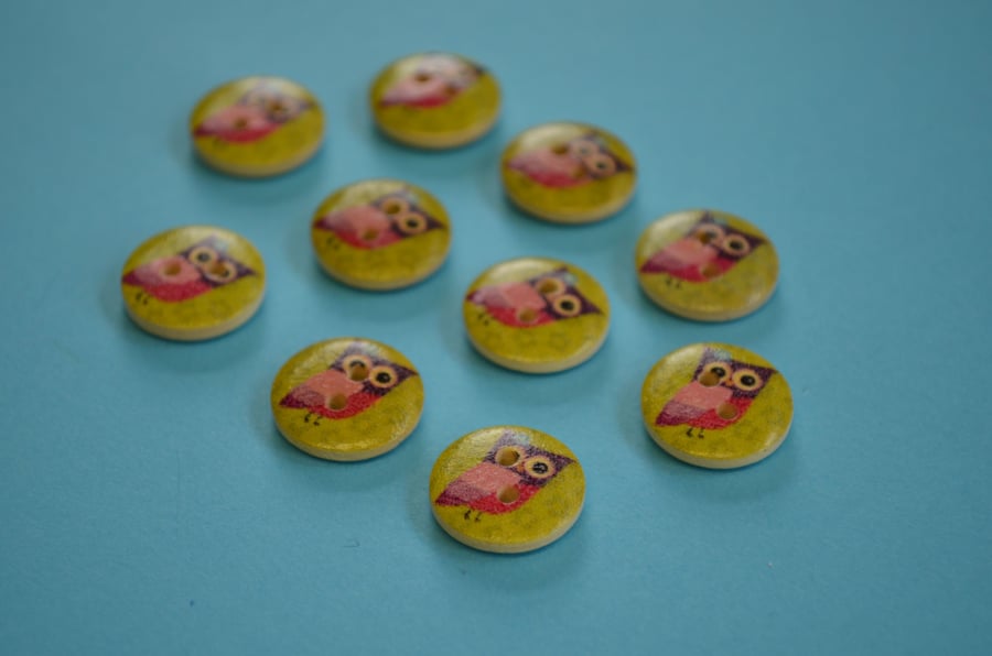 15mm Wooden Owl Buttons Green Purple Pink 10pk Bird (SOW11)