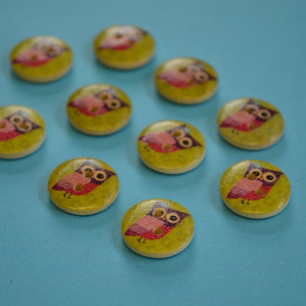 15mm Wooden Owl Buttons Green Purple Pink 10pk Bird (SOW11)