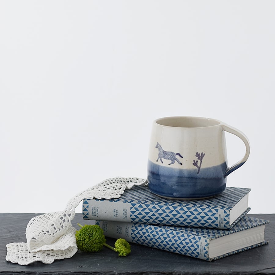 Handmade blue and white ceramic horse mug - illustrated stoneware pottery