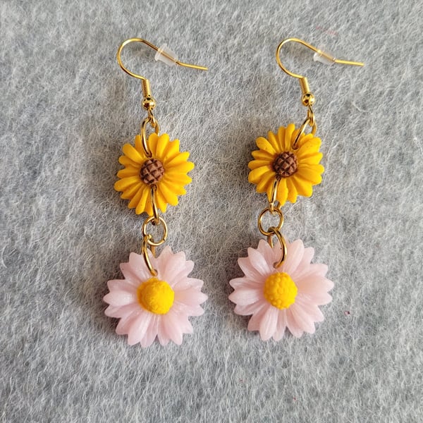 Polymer Clay Double Flower Earrings.  316 Surgical Stainless Steel