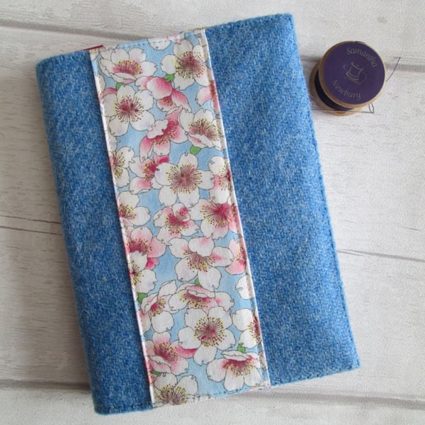 SOLD - A6 'Harris Tweed' Reusable Notebook Cover - Sky Blue with Cherry Blossom