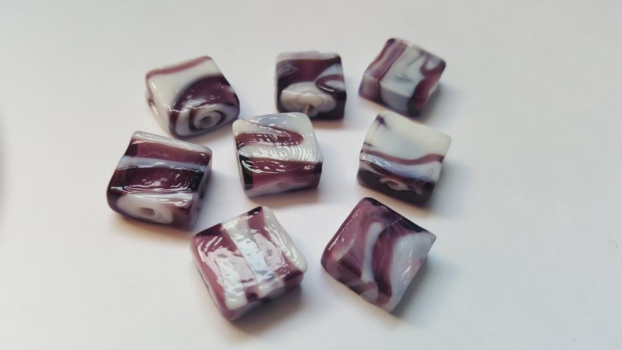 8 x Glass Lampwork Beads - Square - 12mm - Purple 