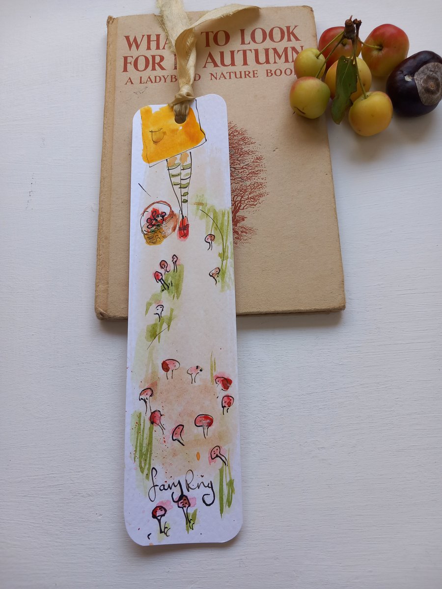  'Fairy ring 'Hand drawn and painted bookmark with silk ribbon '
