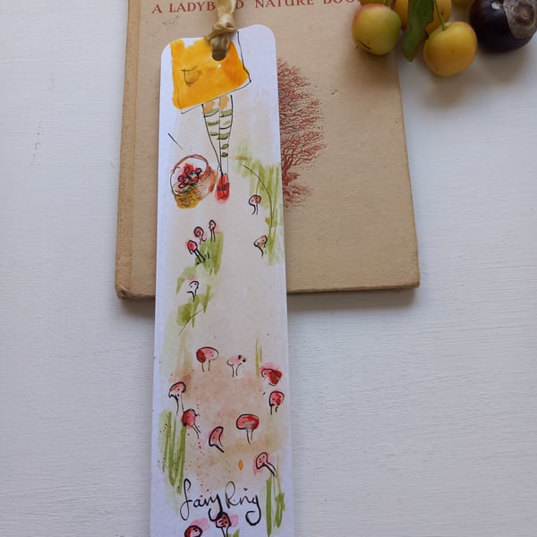  'Fairy ring 'Hand drawn and painted bookmark with silk ribbon '