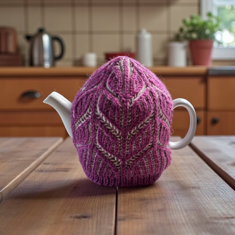 Pink & White Knitted tea cosy, 100% British Wool