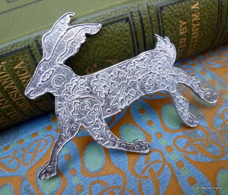 Silver Hare brooch free shipping, magical leaping hare.