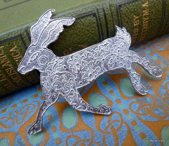Silver Hare brooch free shipping, magical leaping hare.