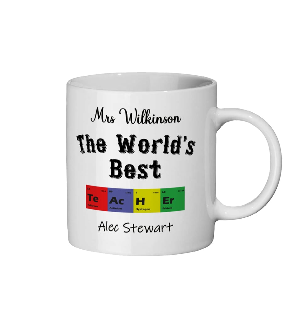 Personalised Ceramic Worlds Best Teacher end of year mug with chemical symbols