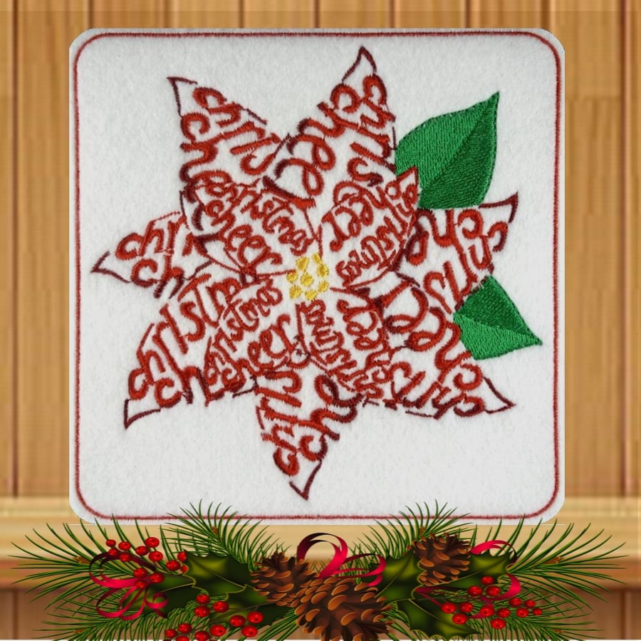 Pointsettia Embroidered Christmas card