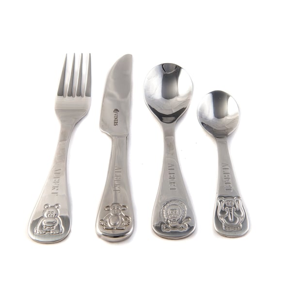 Viners Childrens Kids Personalised Jungle Animal 4 Piece Cutlery Set In Presenta