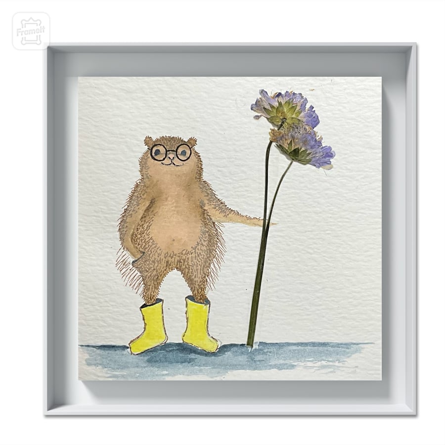 Original watercolour with pressed flower