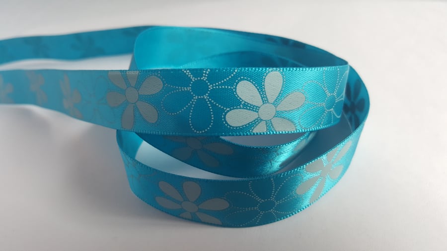 3m Ribbon - Printed Satin - 16mm - Blue - White Flowers 