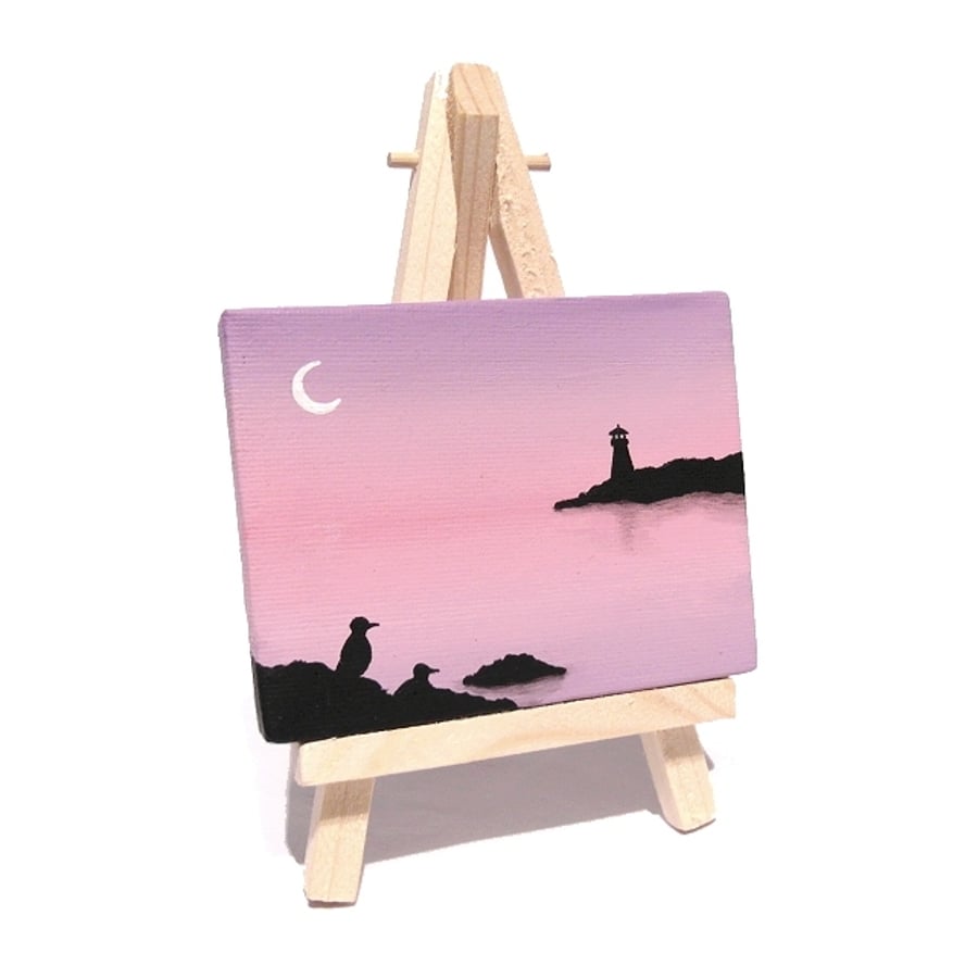 Dawn Lighthouse Miniature Painting - seascape with pink dawn sky on mini canvas