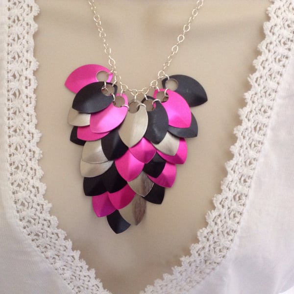 Pink and Black Bib Necklace, Chainmaille Necklace, Colourful Statement Necklace