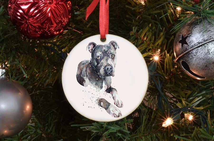 Staffordshire Bull Terrier II Ceramic Circle Tree Decoration.Staffie Xmas Tree D