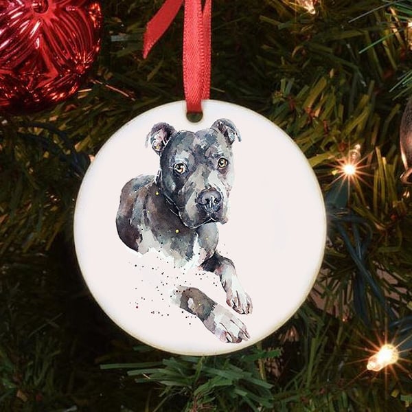 Staffordshire Bull Terrier II Ceramic Circle Tree Decoration.Staffie Xmas Tree D