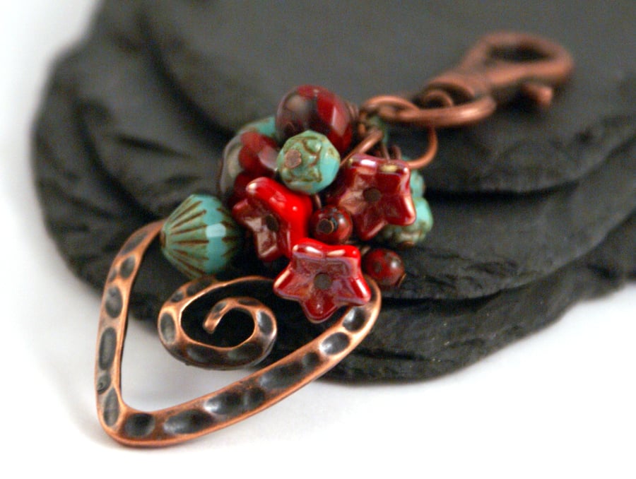 Turquoise & Red Heart Bag Charm