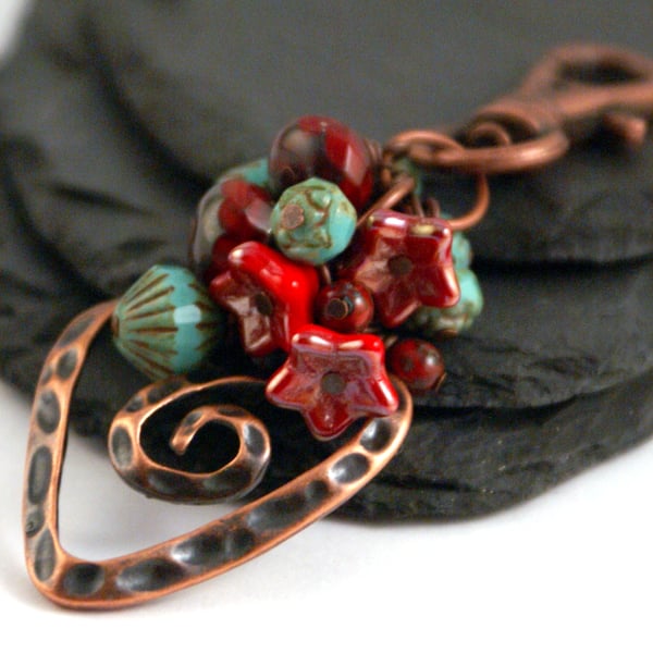 Turquoise & Red Heart Bag Charm