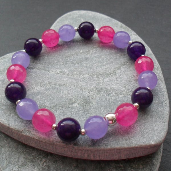 Purple Fuchsia and Lilac Quartz Stretch Bracelet