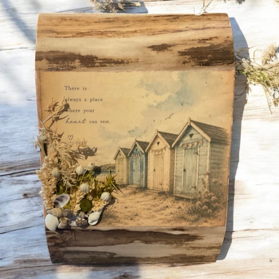 Wooden Coastal Beach Huts Wall Plaque Rustic Seaside Welsh Poplar Wood Art Sign.