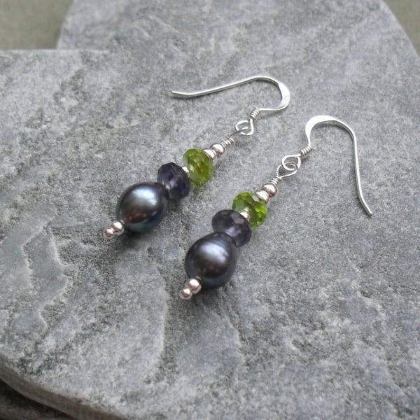 Sterling Silver Freshwater Pearls Peridot and Iolite Earrings