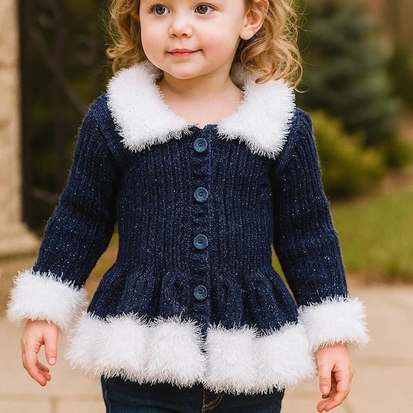 Girls' Hand-Knitted Sparkly Blue Cardigan with Fluffy Trim, Peplum Winter Outfit