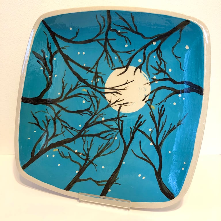 WINTER MOON HAND PAINTED STONEWARE CERAMIC DISH