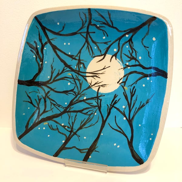 WINTER MOON HAND PAINTED STONEWARE CERAMIC DISH