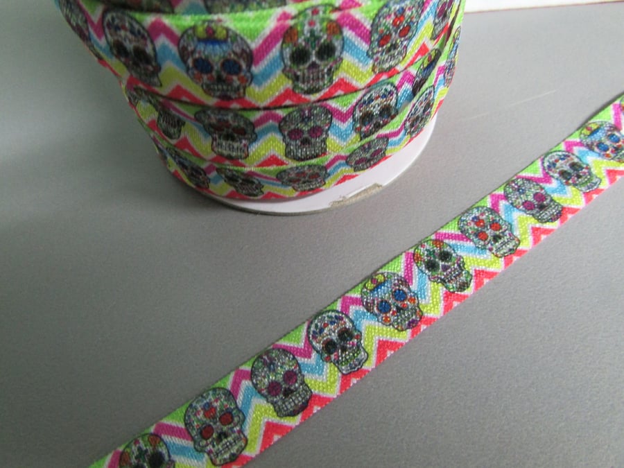 Sugar Skull Rainbow Zig Zag Fold Over Elastic x 1 metre sewing crafts